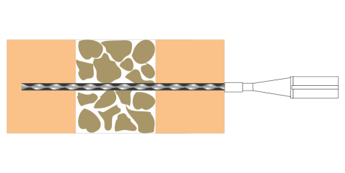 2. Fill gun with mixed SAMSON GROUT. Pump grout to fill the nozzle, screw correct length helical grout tie into nozzle, insert nozzle to back of hole.